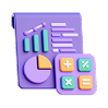 Ícone com gráfico roxo, barras e uma calculadora, associado ao simulador de crédito consolidado.